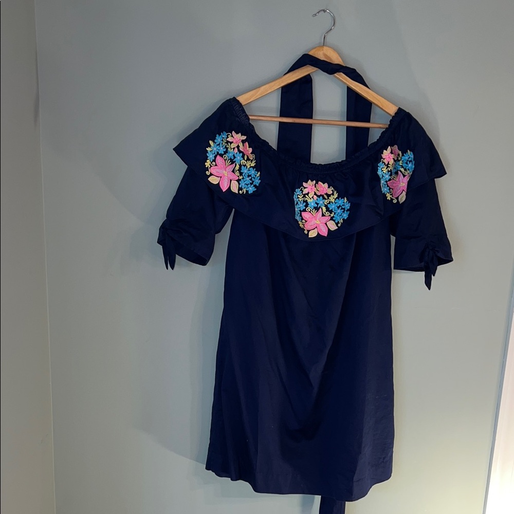 Lilly Pulitzer Navy Off the Shoulder Dress Embroidered Floral Shift Dress Sz L